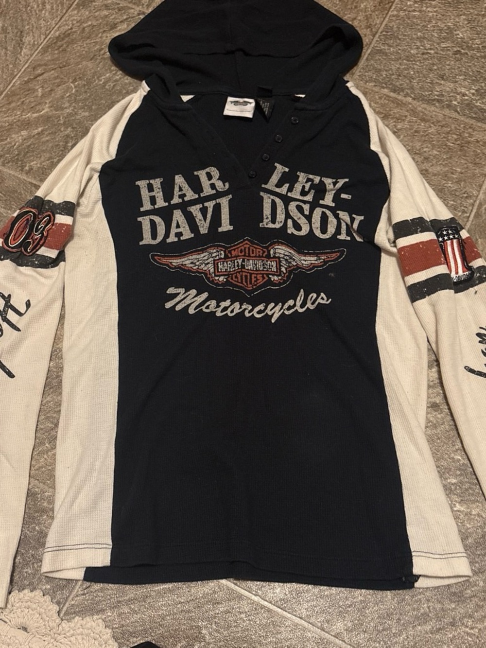 Harley-Davidson Black & White Long Sleeve Hooded Tee with Red Accent